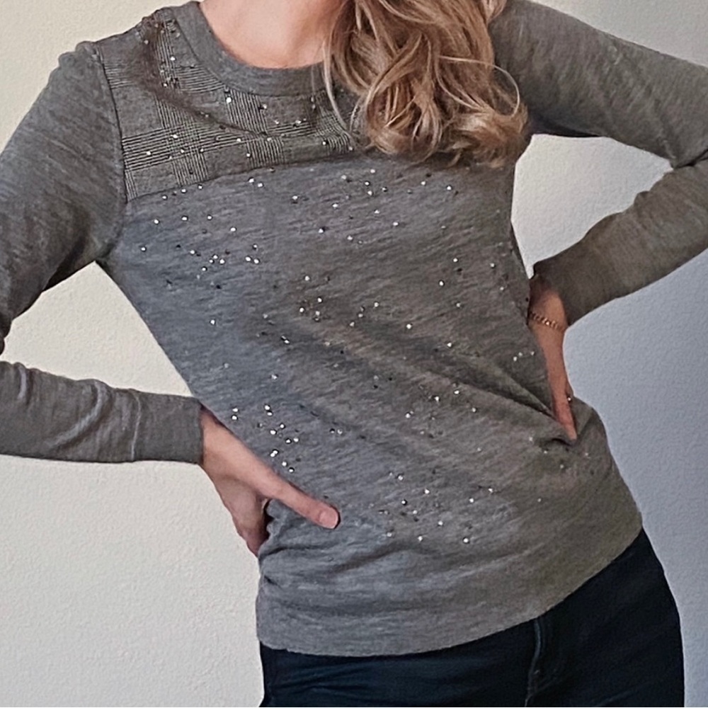 J Crew XXS Rhinestone Plaid Sweater Heather Grey NWOT